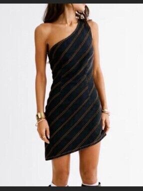 Lioness Black One-Shoulder Mini Dress with Gold Diagonal Stripes NWT